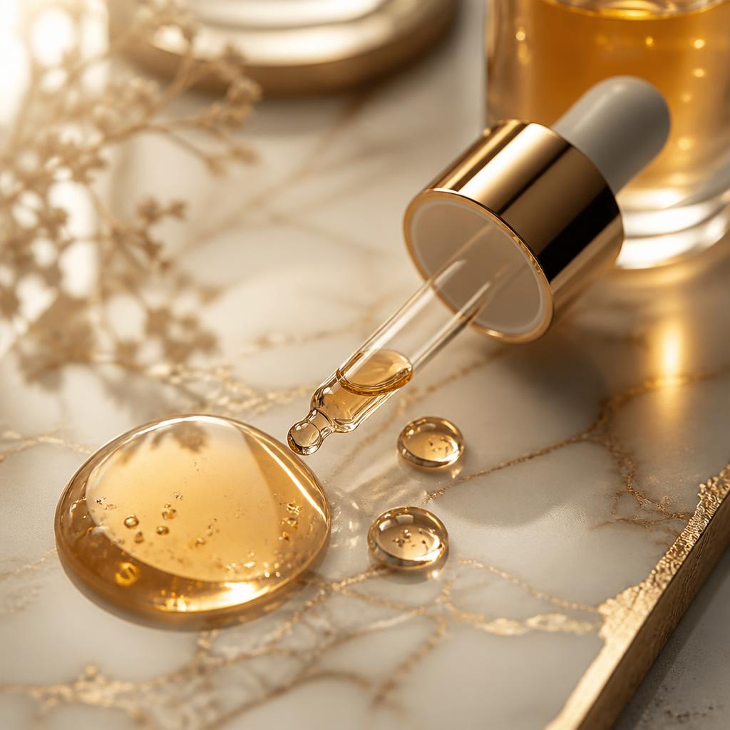 Macro of luxurious amber serum on marble with gold accents