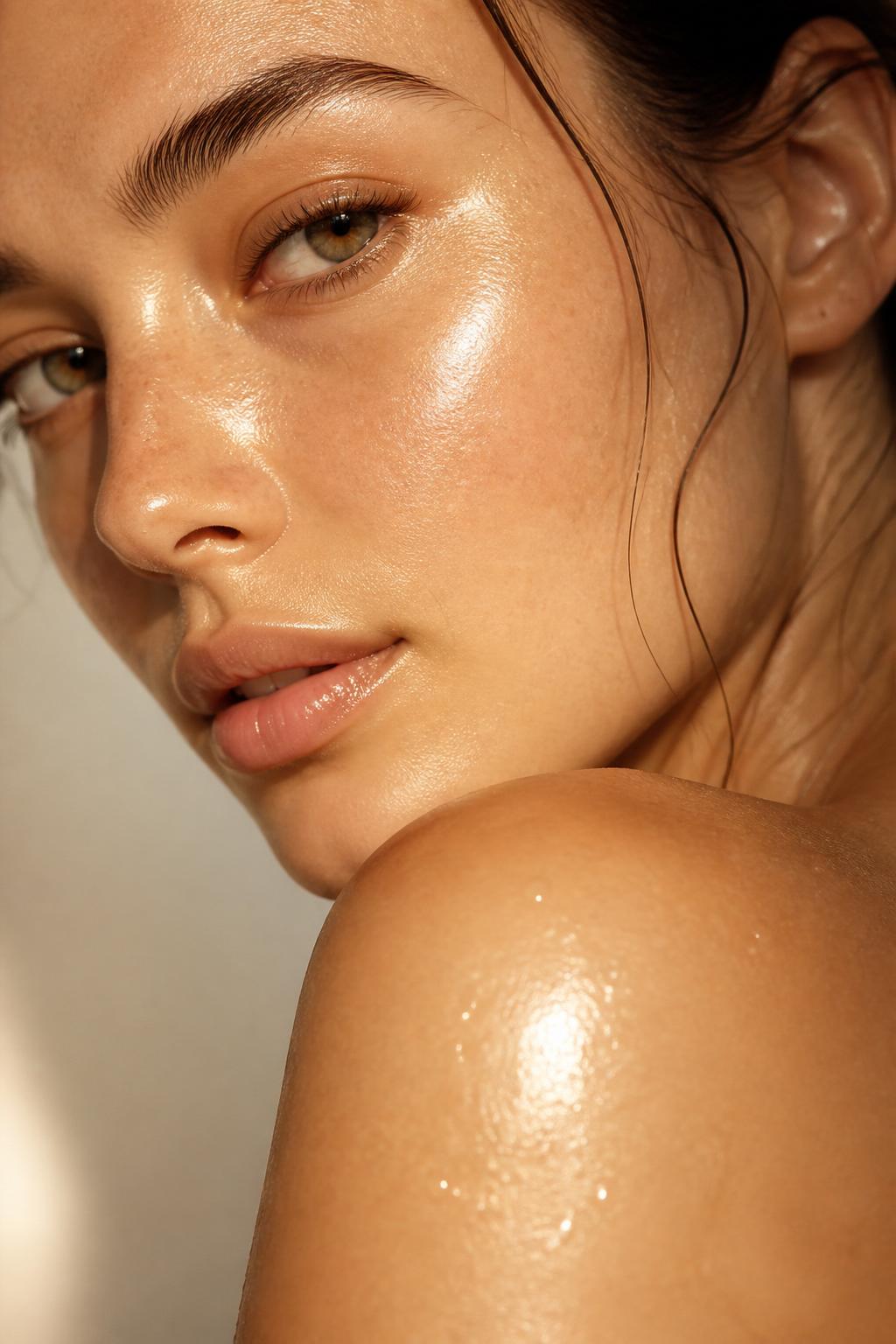 Close-up of glowing dewy skin in warm golden light