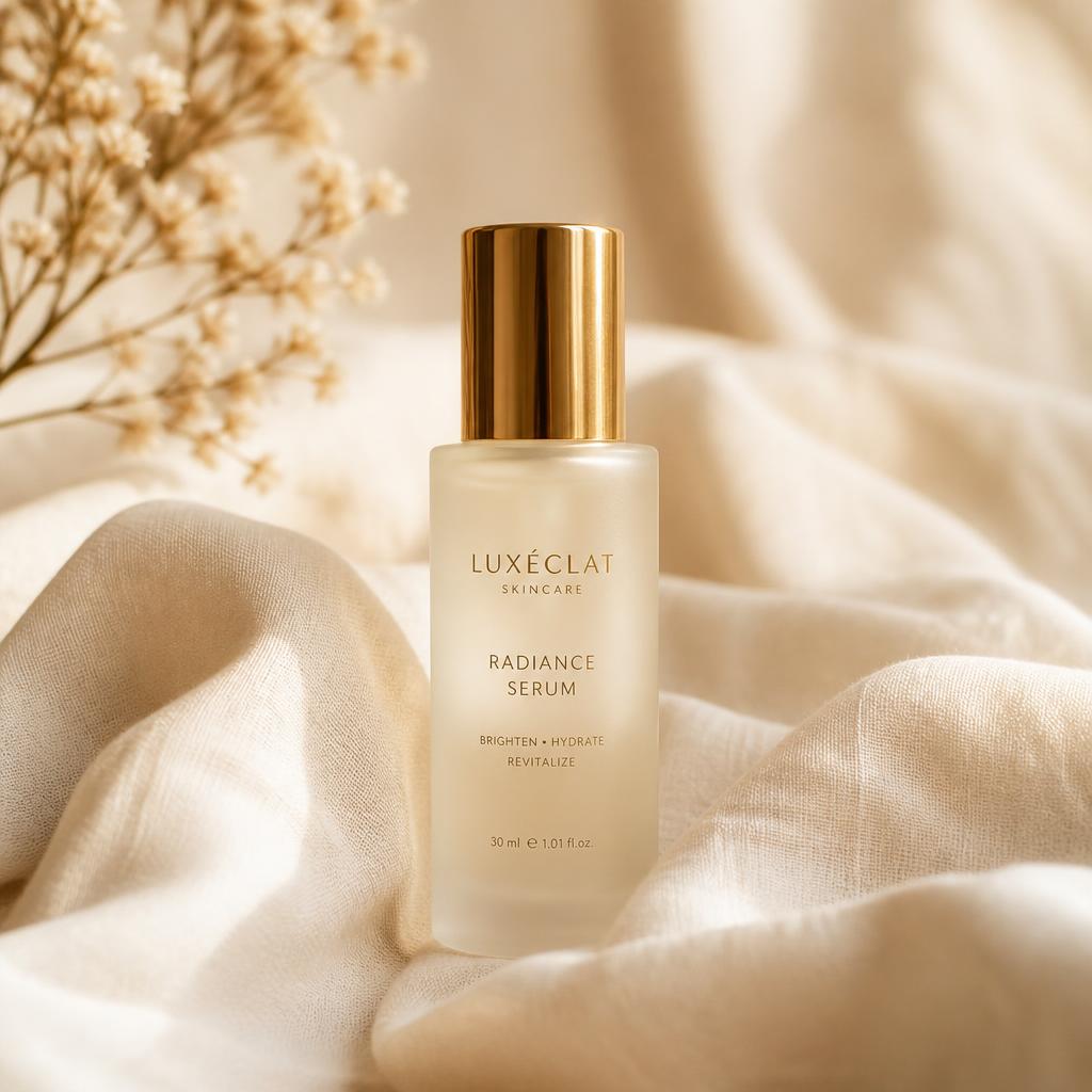 Premium frosted glass serum bottle with gold cap on cream linen