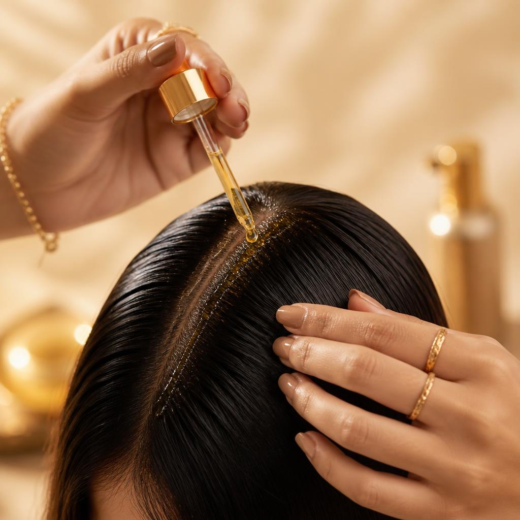 Hands applying golden hair oil with dropper