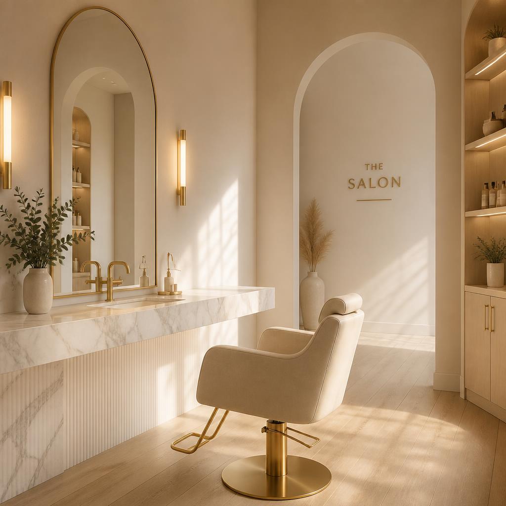 Minimalist salon suite with marble vanity and gold details