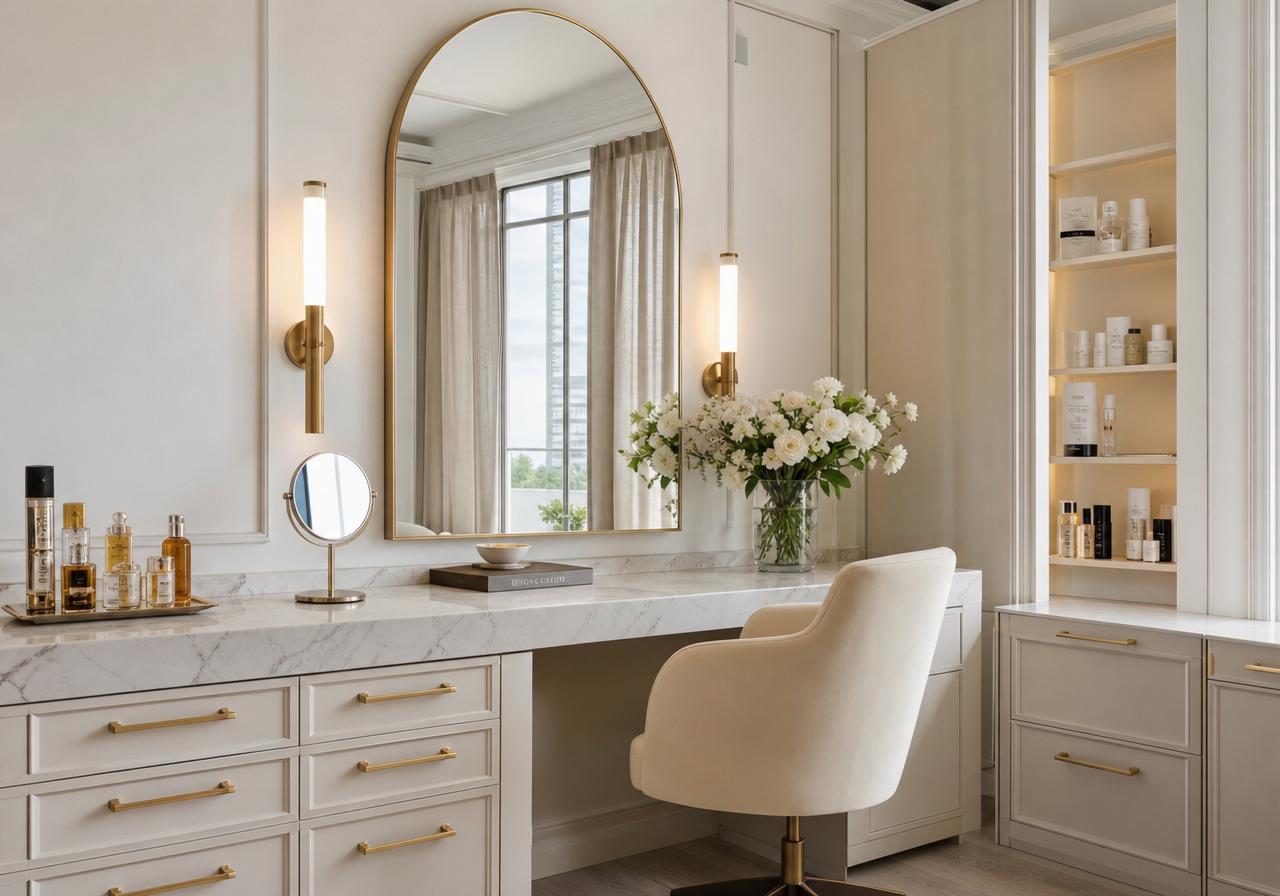 Minimalist luxury salon suite with arched mirror and gold sconces