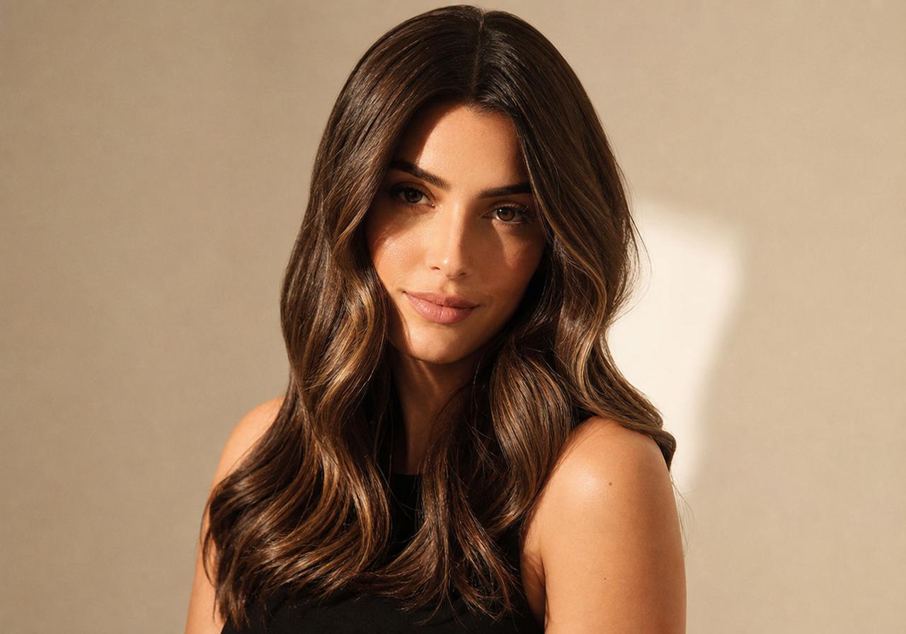 Glossy caramel and honey hair waves draped on cream silk