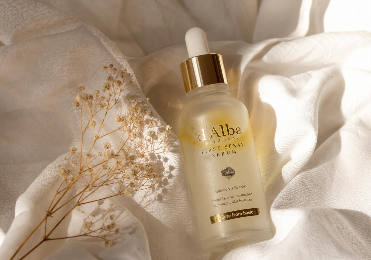 Luxury frosted glass serum bottle with gold cap on cream linen